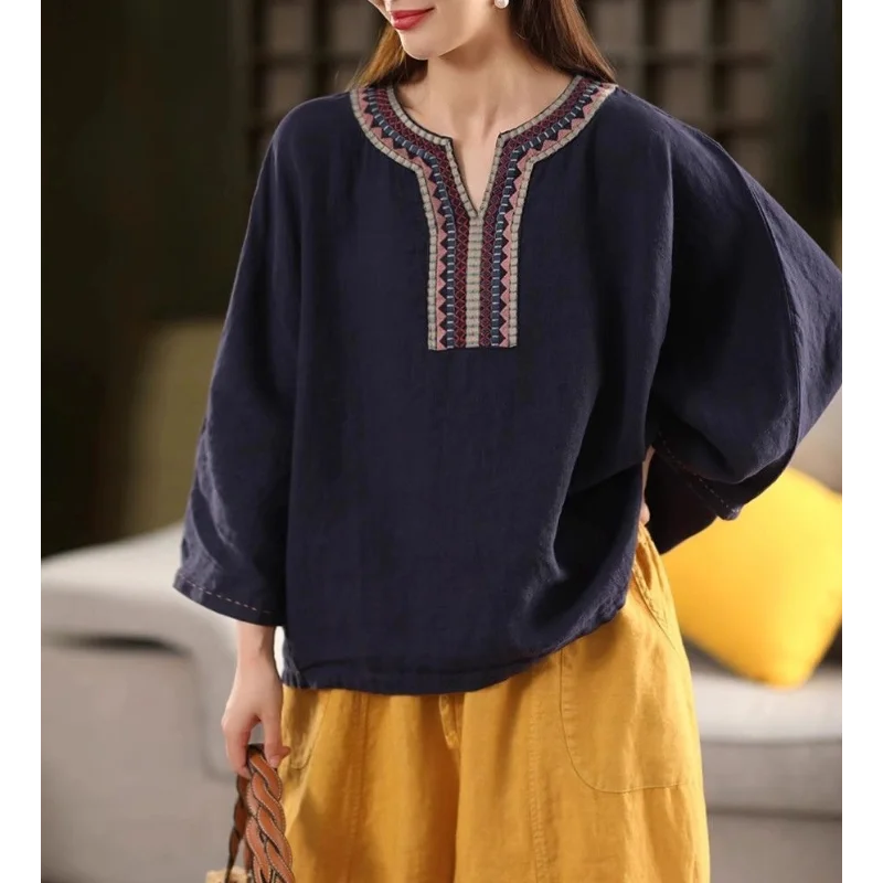 Embroidered Cotton Linen Pullover Top for Effortless Style