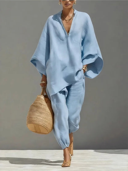 Women’s 2-Piece Linen Blend Lounge Set - Oversized Batwing Tunic &amp; Tapered Joggers