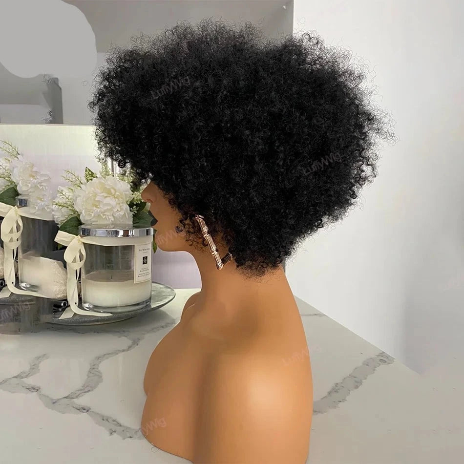 Kinky Curly Afro Short Pixie Cut Human Hair Wigs With Bangs