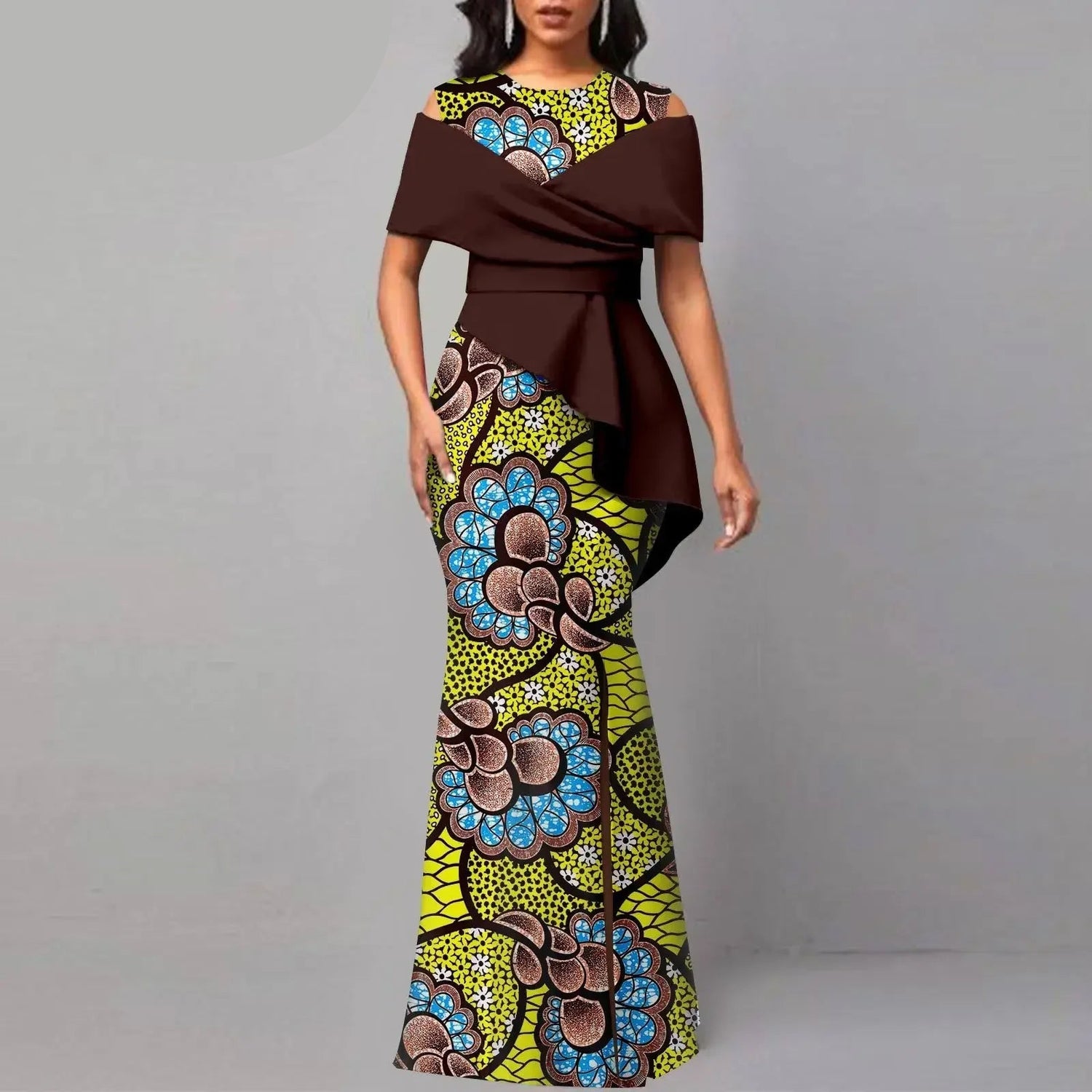 Off The Shoulders African Maxi Dress O-neck High Waist Ankara Attire