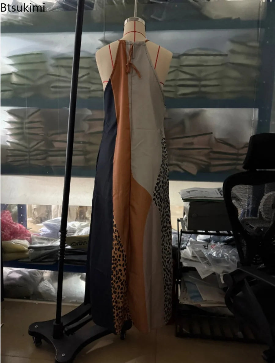 Halter Split Hem Maxi Sleeveless Dress Patchwork Animal Print