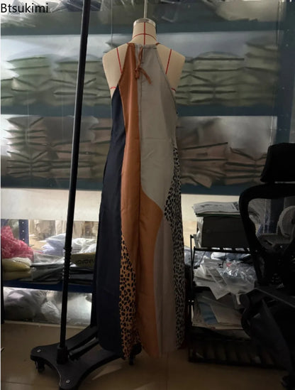 Halter Split Hem Maxi Sleeveless Dress Patchwork Animal Print