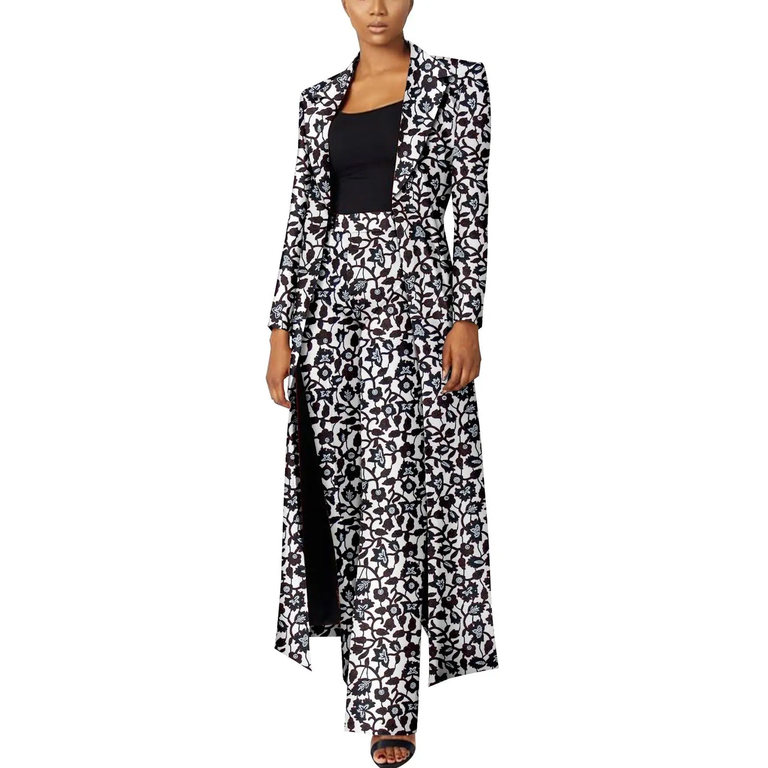 Elegant African Print Two-Piece Suit: Long Tailored Jacket &amp; Wide Leg Pants - Ankara