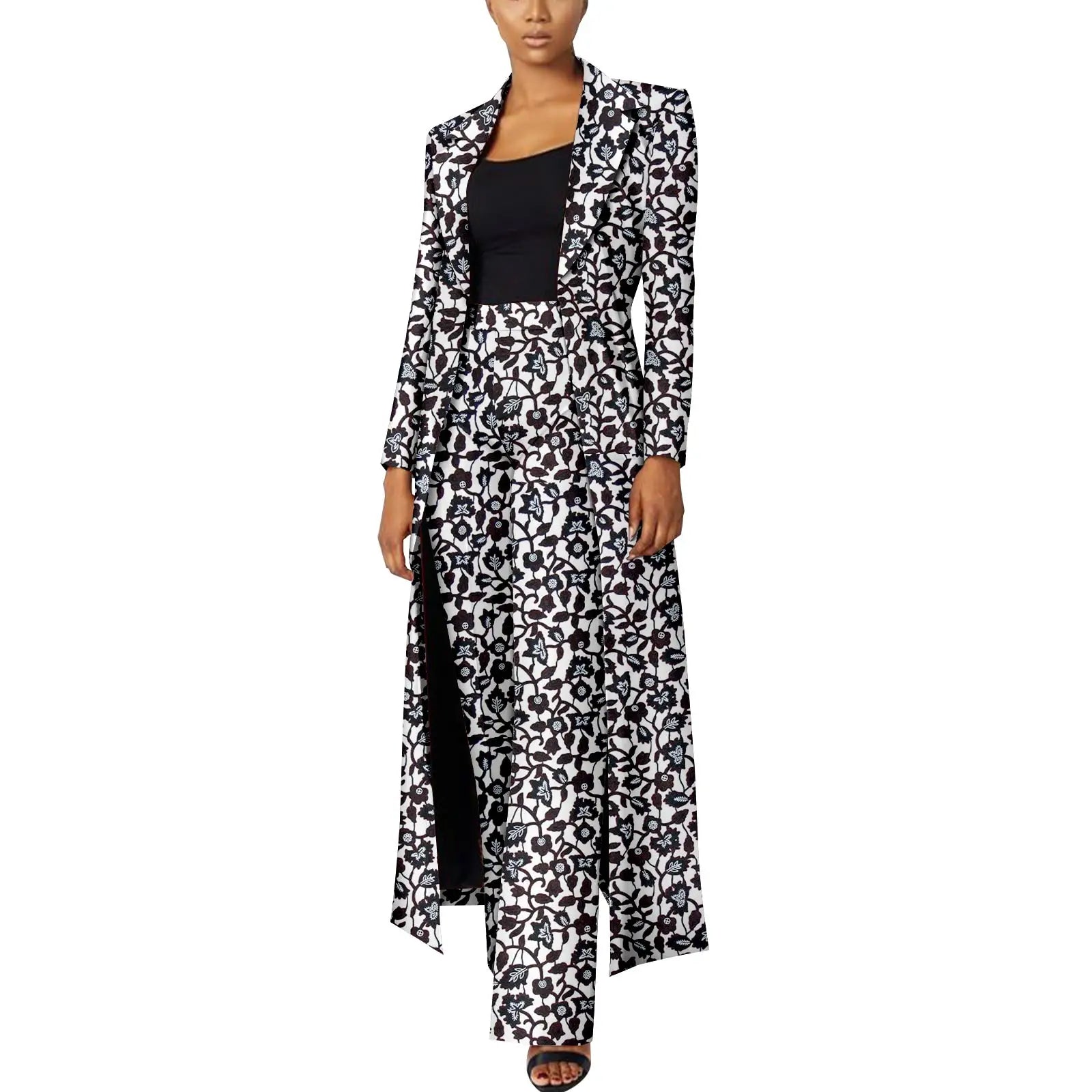 Elegant African Print Two-Piece Suit: Long Tailored Jacket &amp; Wide Leg Pants - Ankara