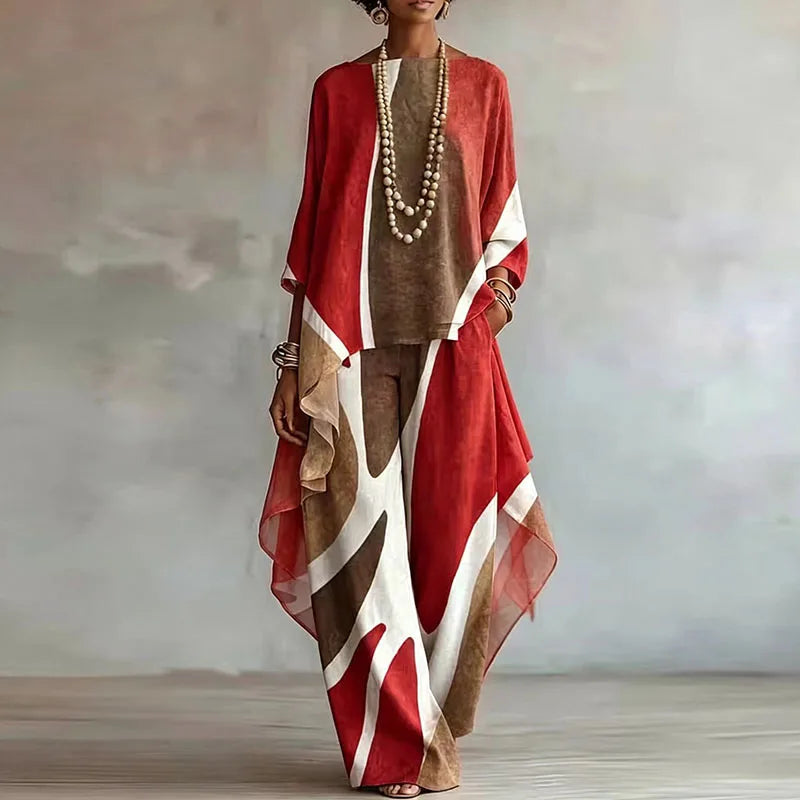 Women Abstract Print 2 Piece Matching Set Tank Top  Asymmetric Wide Leg Pants Suit Timeless Bohemian