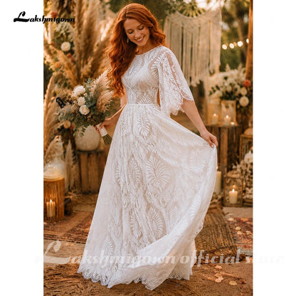High Neck Flare Sleeves Boho Lace Plus Size Wedding Dress Bohemian