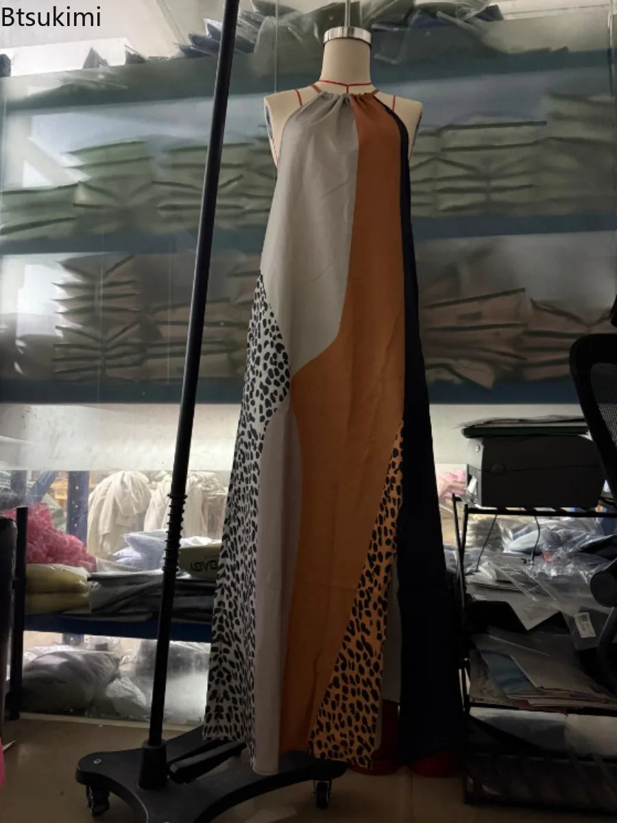 Halter Split Hem Maxi Sleeveless Dress Patchwork Animal Print