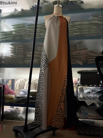 Halter Split Hem Maxi Sleeveless Dress Patchwork Animal Print