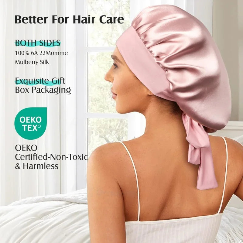Back view of Luxe Silk Bonnet in pink, highlighting 100% Mulberry silk, OEKO-TEX certification, and premium gift packaging for safe hair care.
