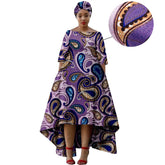 Elegant Dashiki Print High-Low Dress with Turban