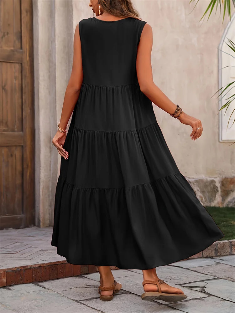 Women’s Summer V-Neck Tiered Maxi Dress - Sleeveless Boho Sundress in 5 Colors