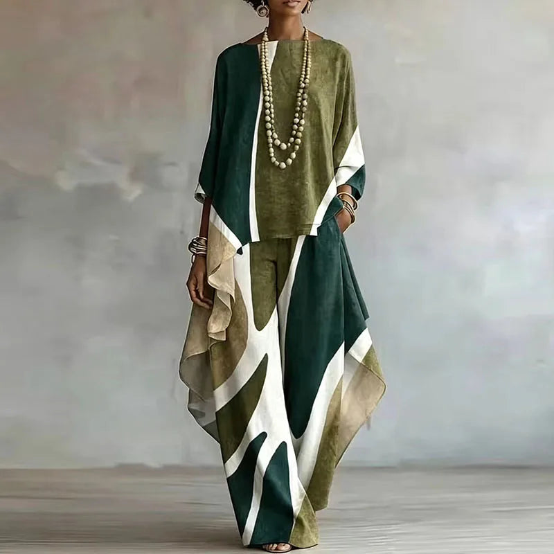 Women Abstract Print 2 Piece Matching Set Tank Top  Asymmetric Wide Leg Pants Suit Timeless Bohemian