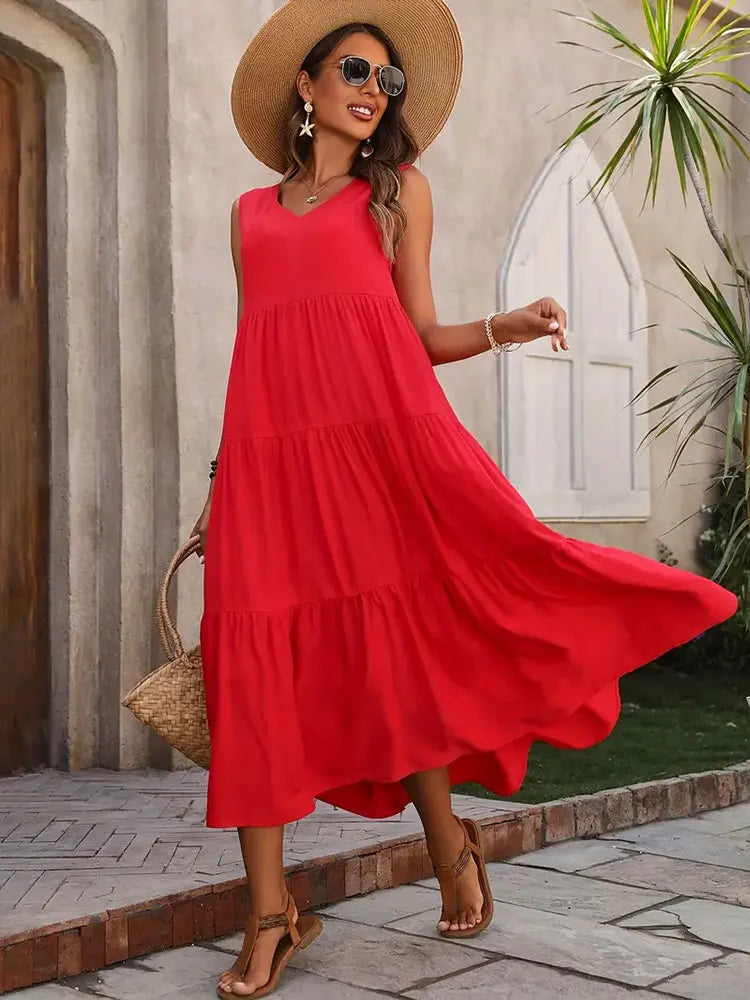 Women’s Summer V-Neck Tiered Maxi Dress - Sleeveless Boho Sundress in 5 Colors