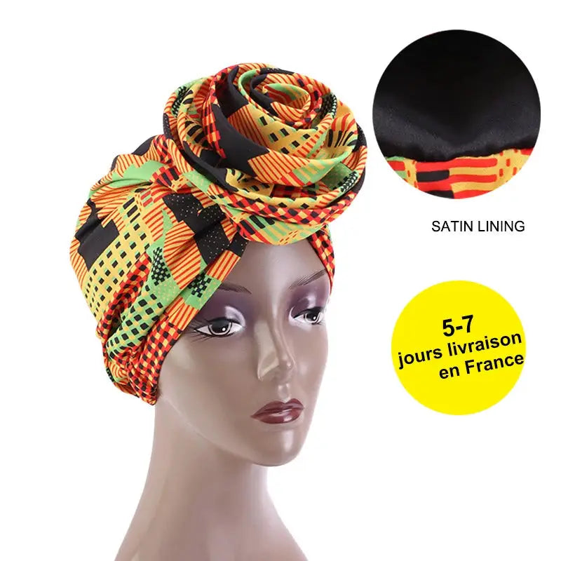 Big Flower Ankara Head Wrap with Satin Lining