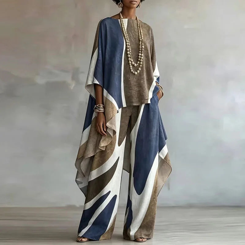 Women Abstract Print 2 Piece Matching Set Tank Top  Asymmetric Wide Leg Pants Suit Timeless Bohemian