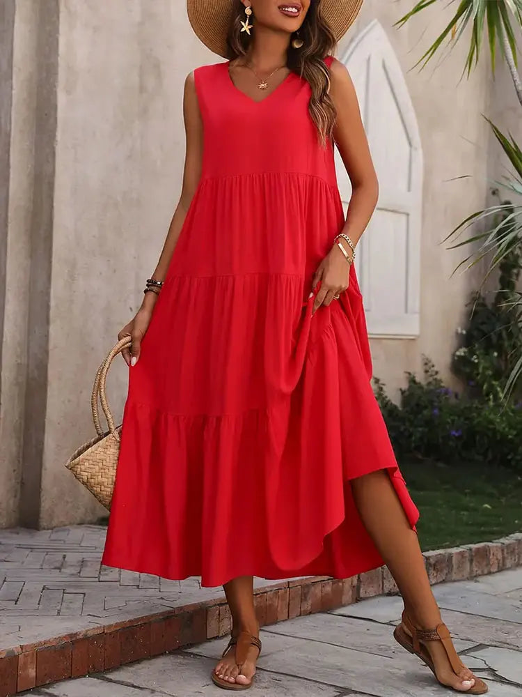 Women’s Summer V-Neck Tiered Maxi Dress - Sleeveless Boho Sundress in 5 Colors