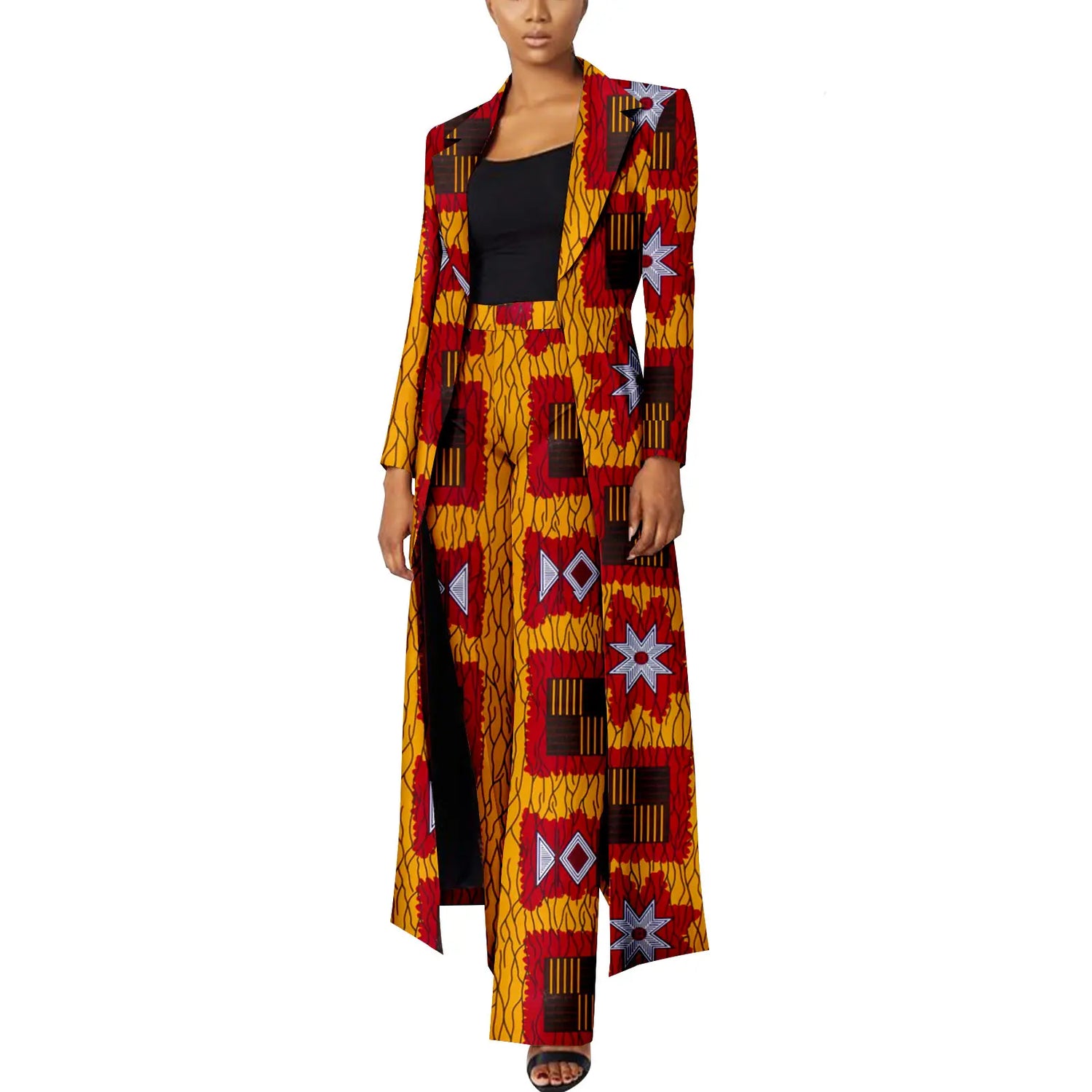 Elegant African Print Two-Piece Suit: Long Tailored Jacket &amp; Wide Leg Pants - Ankara