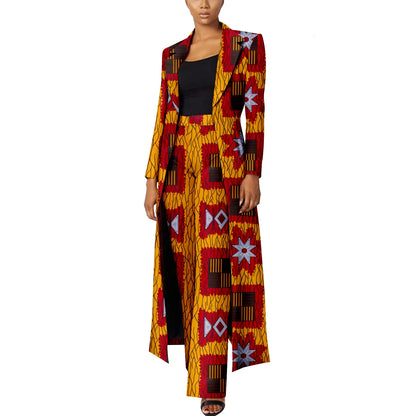 Elegant African Print Two-Piece Suit: Long Tailored Jacket &amp; Wide Leg Pants - Ankara