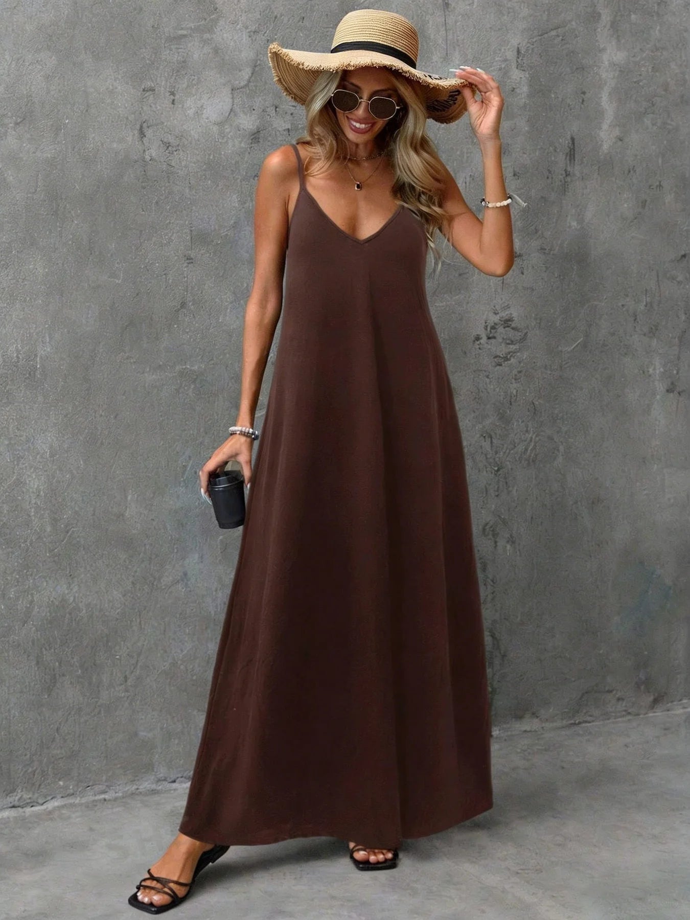 Casual and elegant loose solid color backless camisole V-neck sleeveless maxi dress