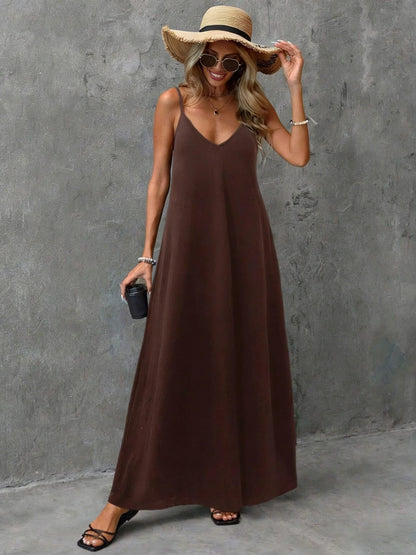 Casual and elegant loose solid color backless camisole V-neck sleeveless maxi dress