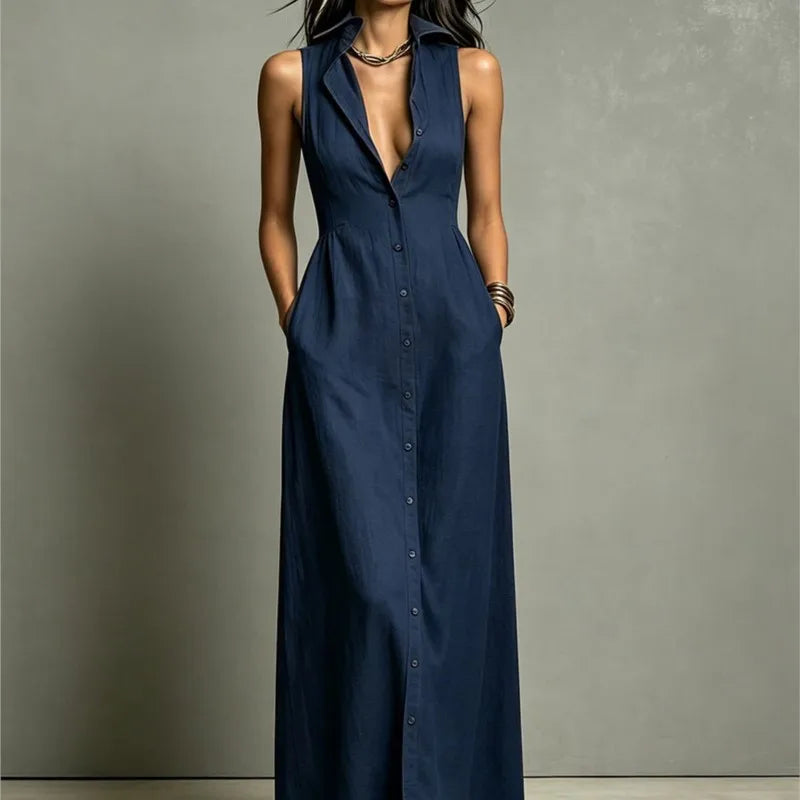Fashion V-neck Maxi Dress Single Breasted Sleeveless