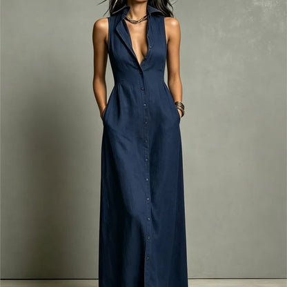 Fashion V-neck Maxi Dress Single Breasted Sleeveless