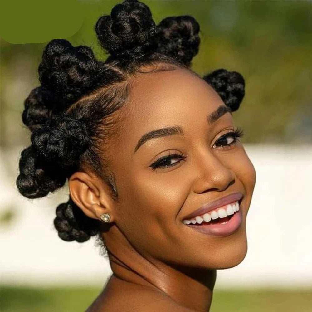 Woman with styled hair, smiling outdoors with &