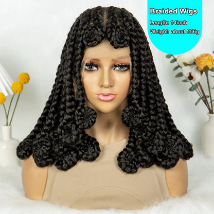 Mannequin head with a black braided wig on a white background with decorative elements.