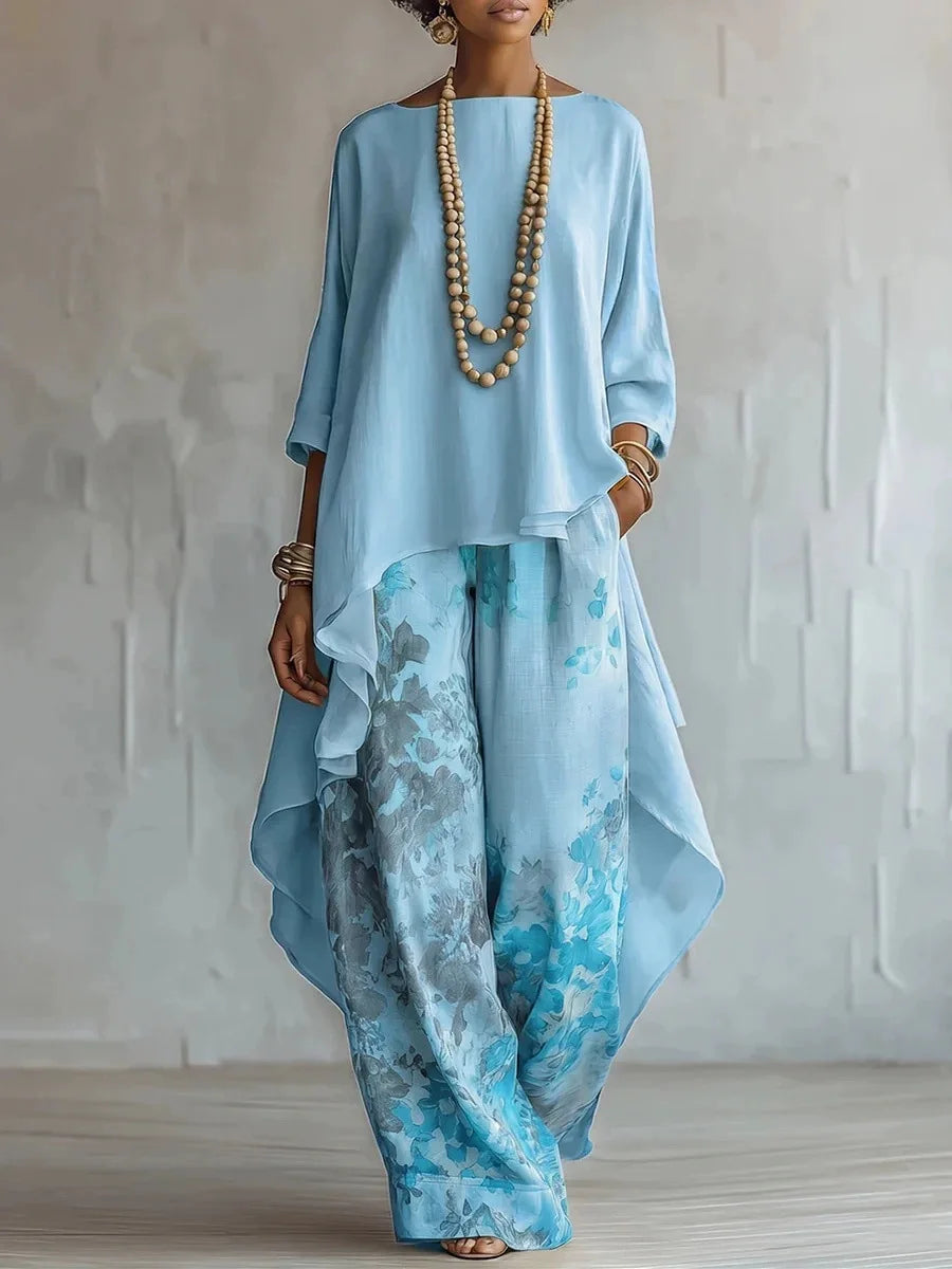 Asymemtric Vintage Printed Two-Piece Set O-Neck - Outfit for Women