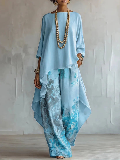 Asymemtric Vintage Printed Two-Piece Set O-Neck - Outfit for Women