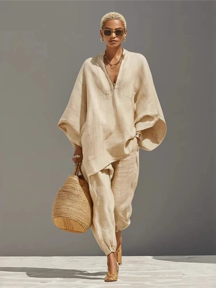 Women’s 2-Piece Linen Blend Lounge Set - Oversized Batwing Tunic &amp; Tapered Joggers