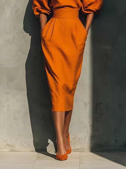 Elegant Puff Sleeve Midi Dress – High Waist African Inspired Dress