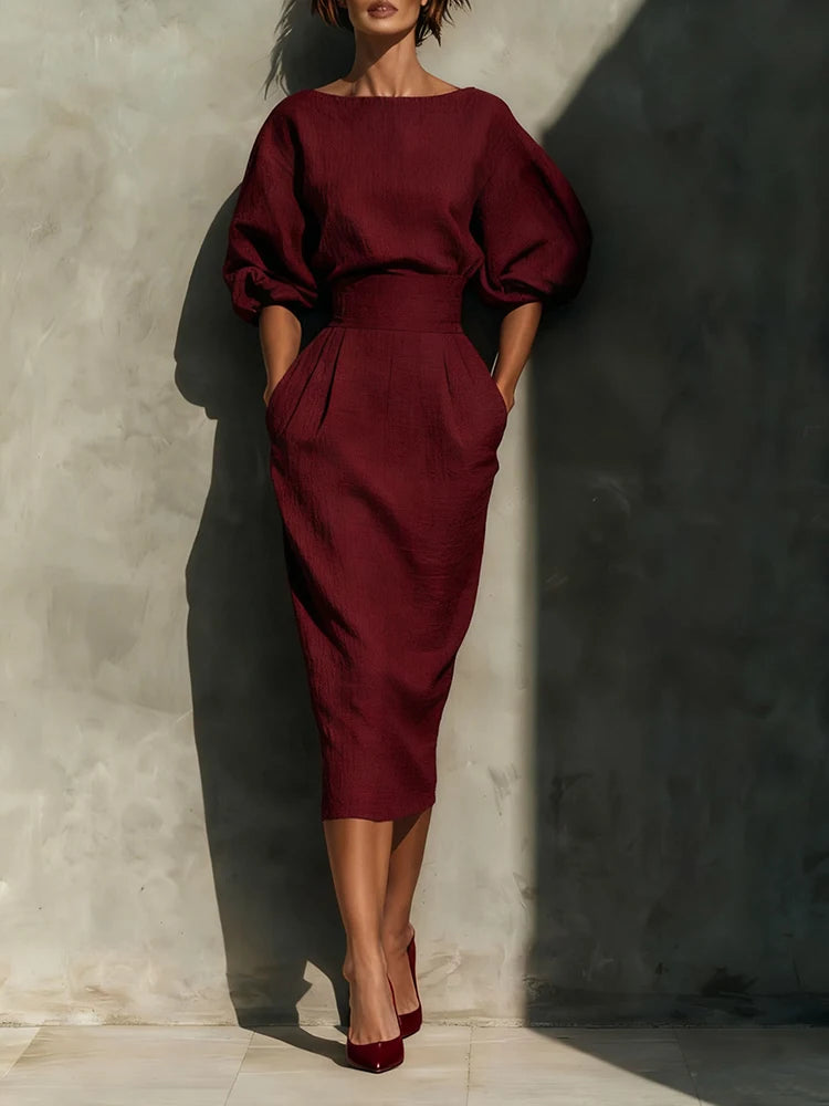 Elegant Puff Sleeve Midi Dress – High Waist African Inspired Dress