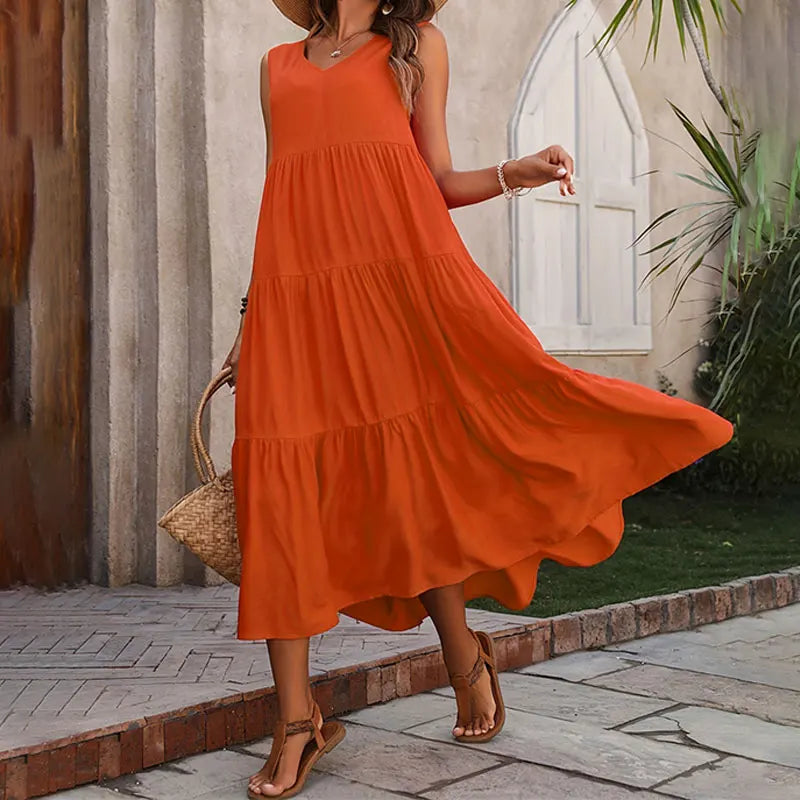 Women’s Summer V-Neck Tiered Maxi Dress - Sleeveless Boho Sundress in 5 Colors
