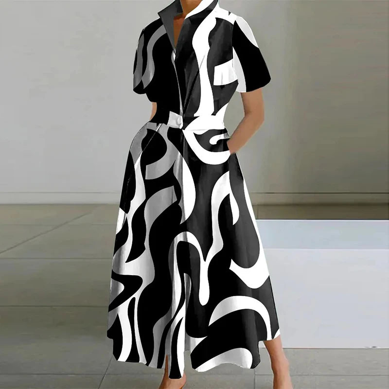 Monochrome Muse Abstract Print Midi Dress