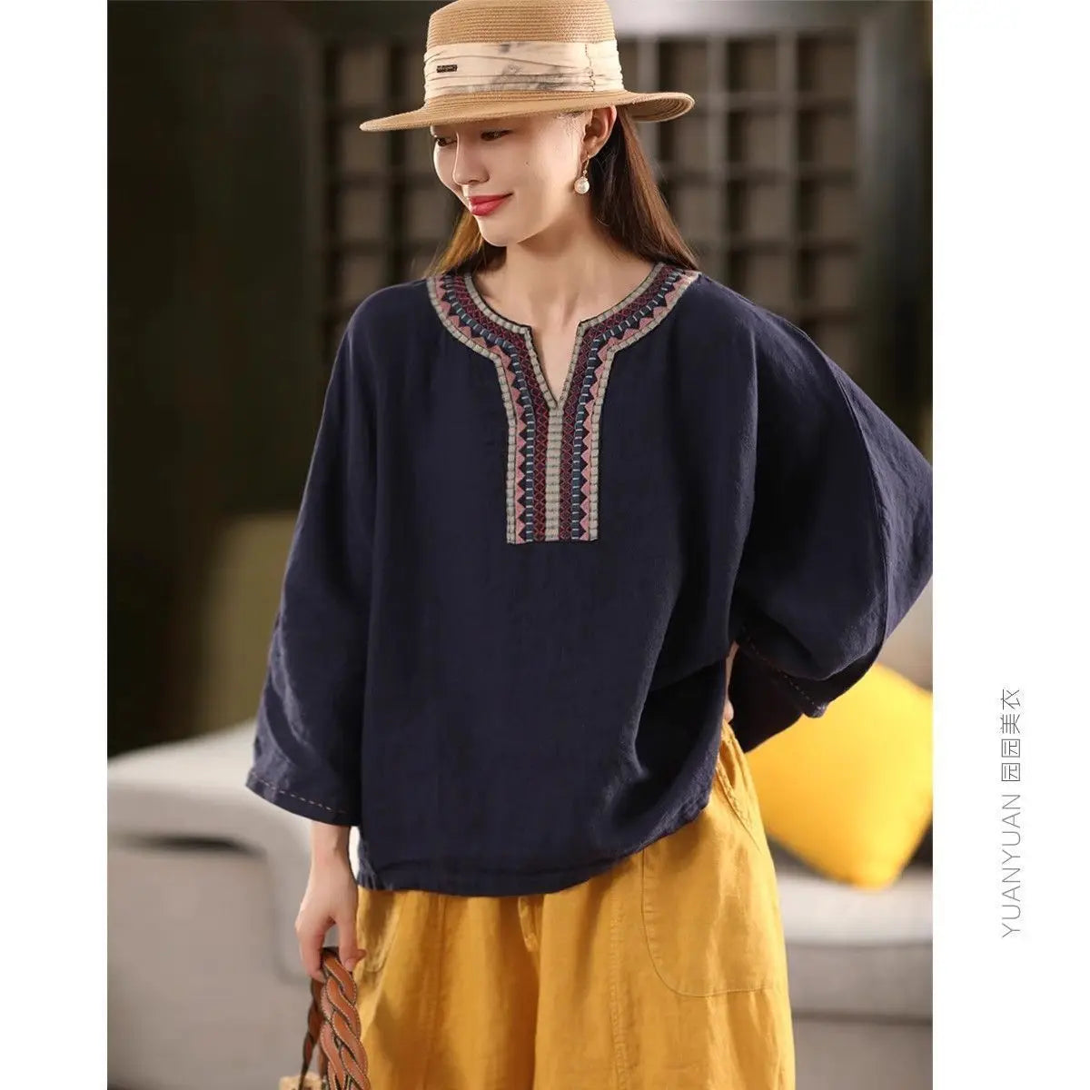 Embroidered Cotton Linen Pullover Top for Effortless Style