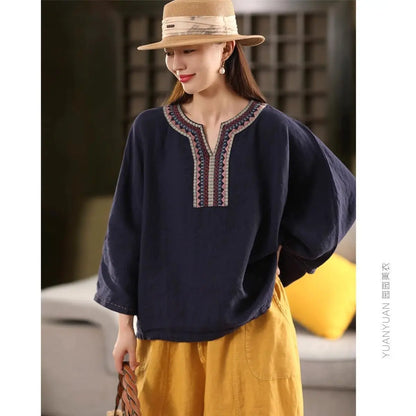 Embroidered Cotton Linen Pullover Top for Effortless Style