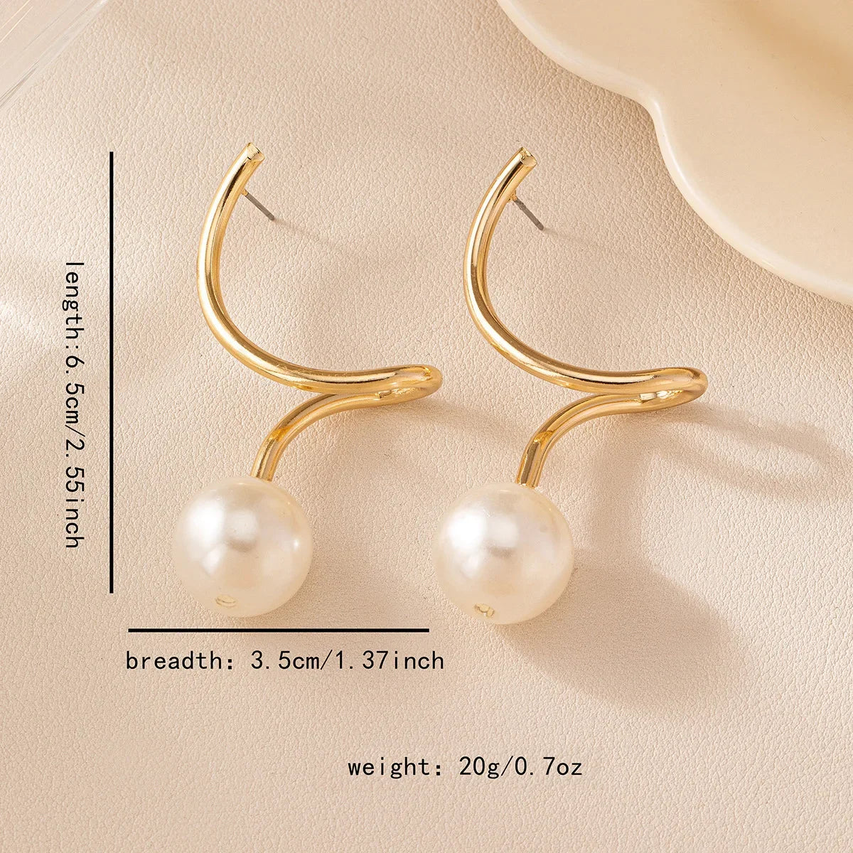 Curved Gold Arc Pearl Drop Earrings