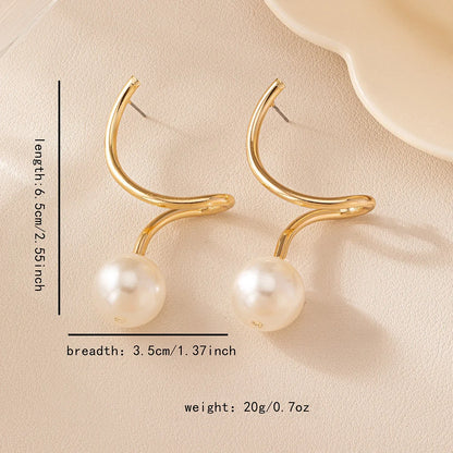 Curved Gold Arc Pearl Drop Earrings