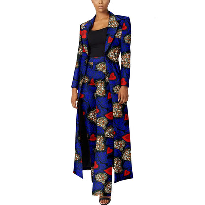 Elegant African Print Two-Piece Suit: Long Tailored Jacket &amp; Wide Leg Pants - Ankara