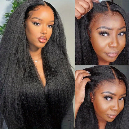 Woman with long black hair styled in a lace front wig, with close-up shots of the hairline.