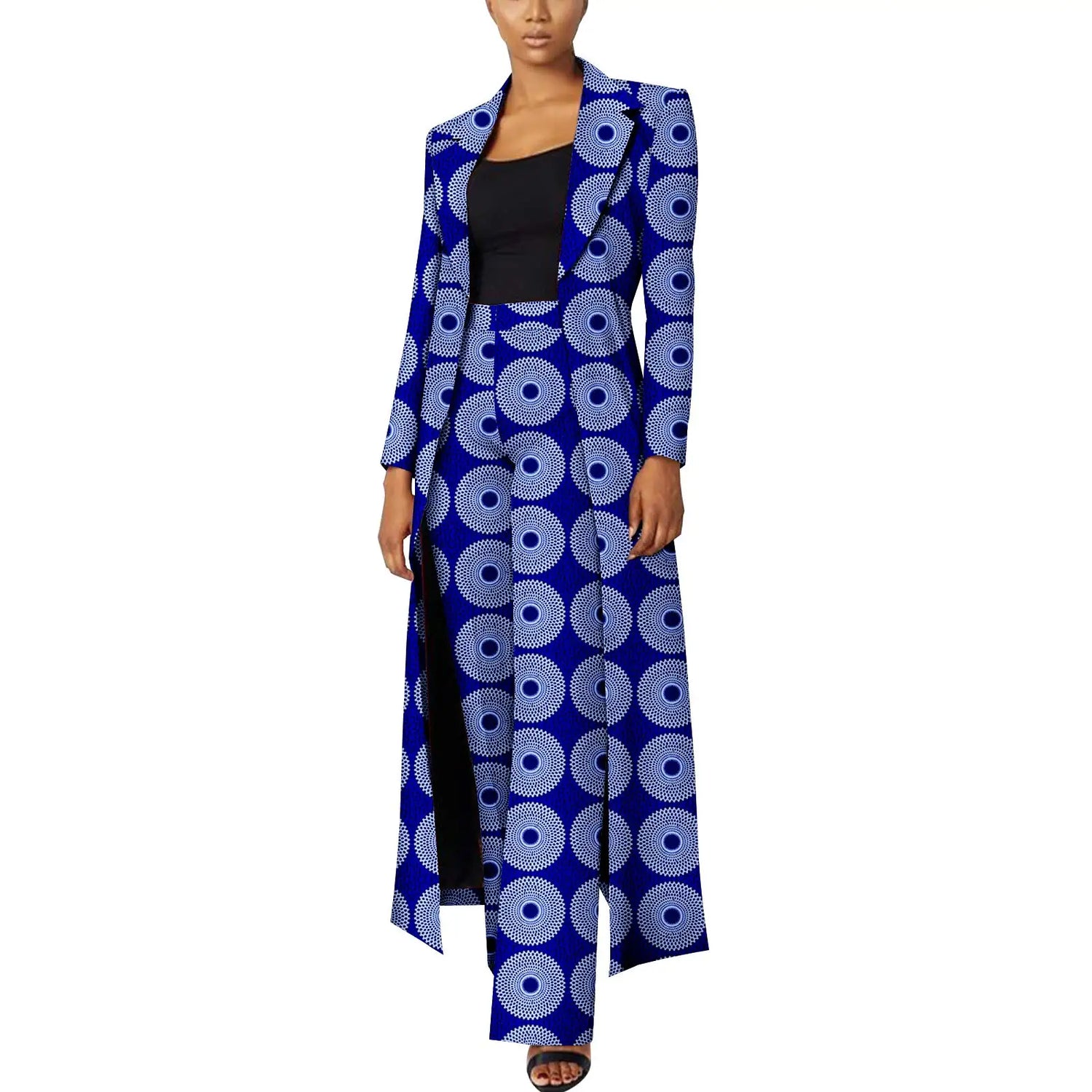 Elegant African Print Two-Piece Suit: Long Tailored Jacket &amp; Wide Leg Pants - Ankara