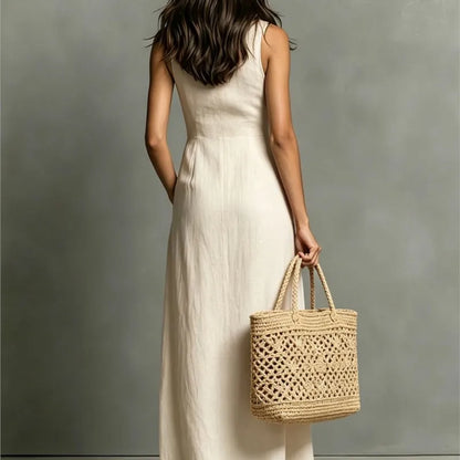 Fashion V-neck Maxi Dress Single Breasted Sleeveless