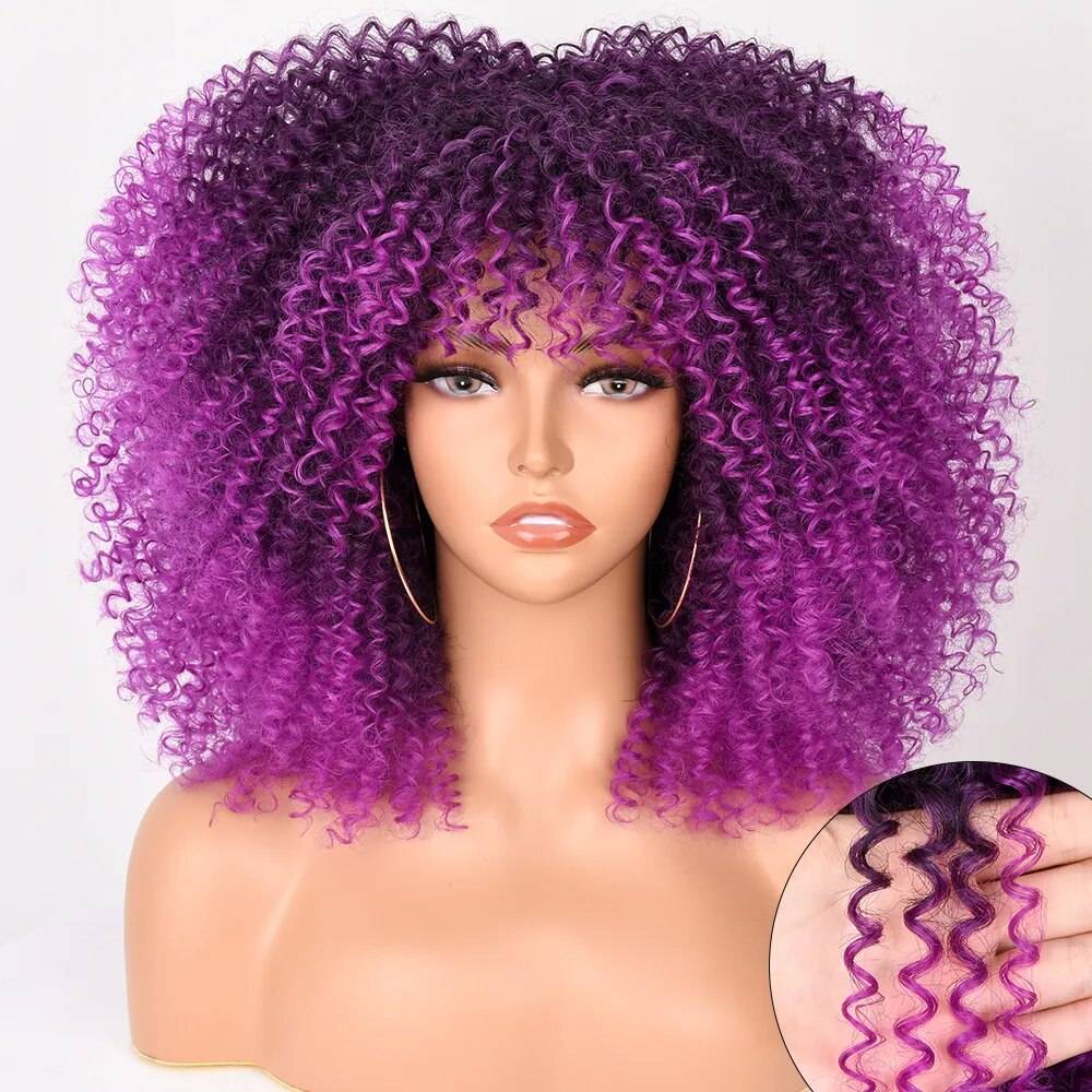 Afro Kinky Curly Wig With Bangs For Black Women 16&