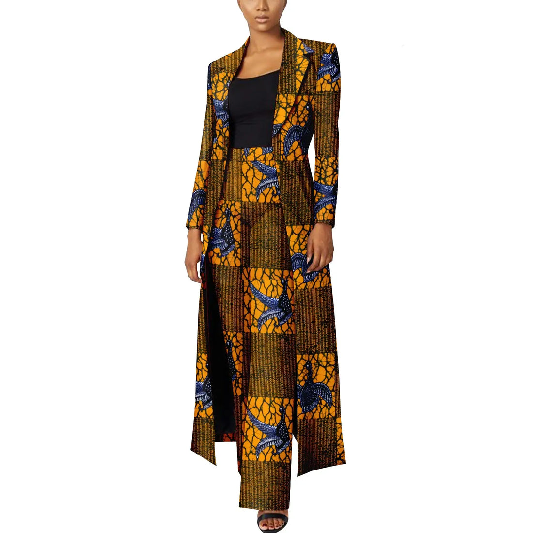 Elegant African Print Two-Piece Suit: Long Tailored Jacket &amp; Wide Leg Pants - Ankara