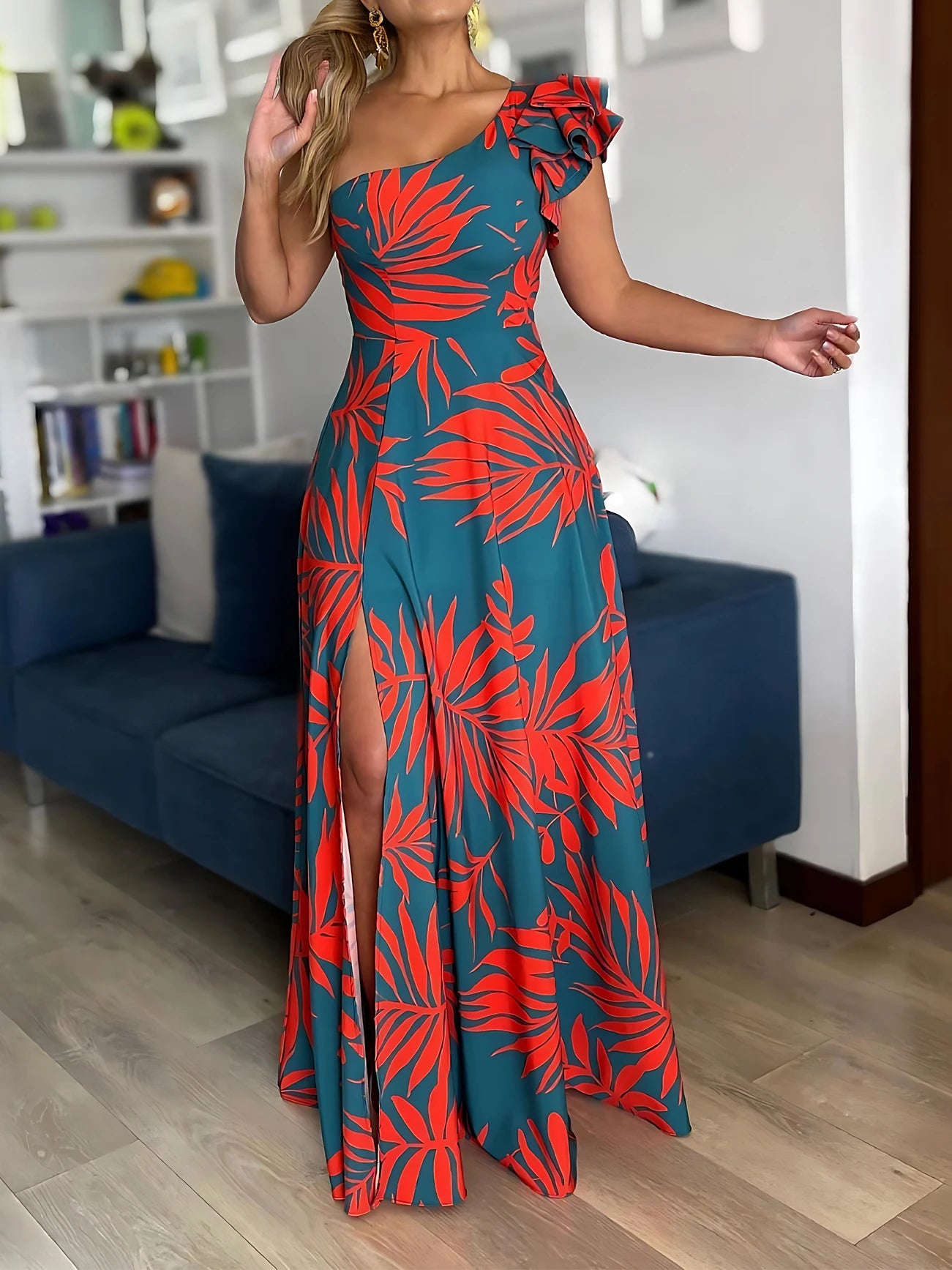 One Shoulder Maxi Dress with High Split Hem