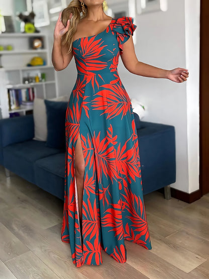 One Shoulder Maxi Dress with High Split Hem