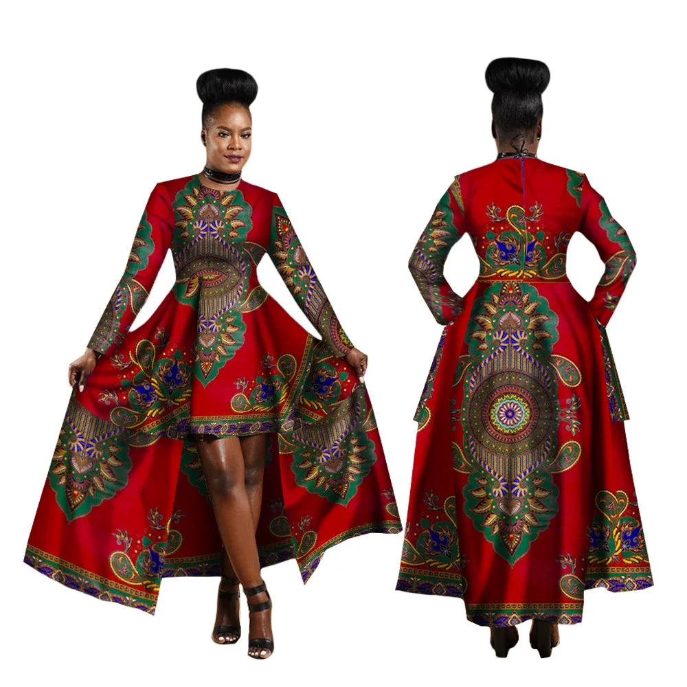 Woman wearing a red traditional dress with intricate patterns, shown from front and back, on a white background.