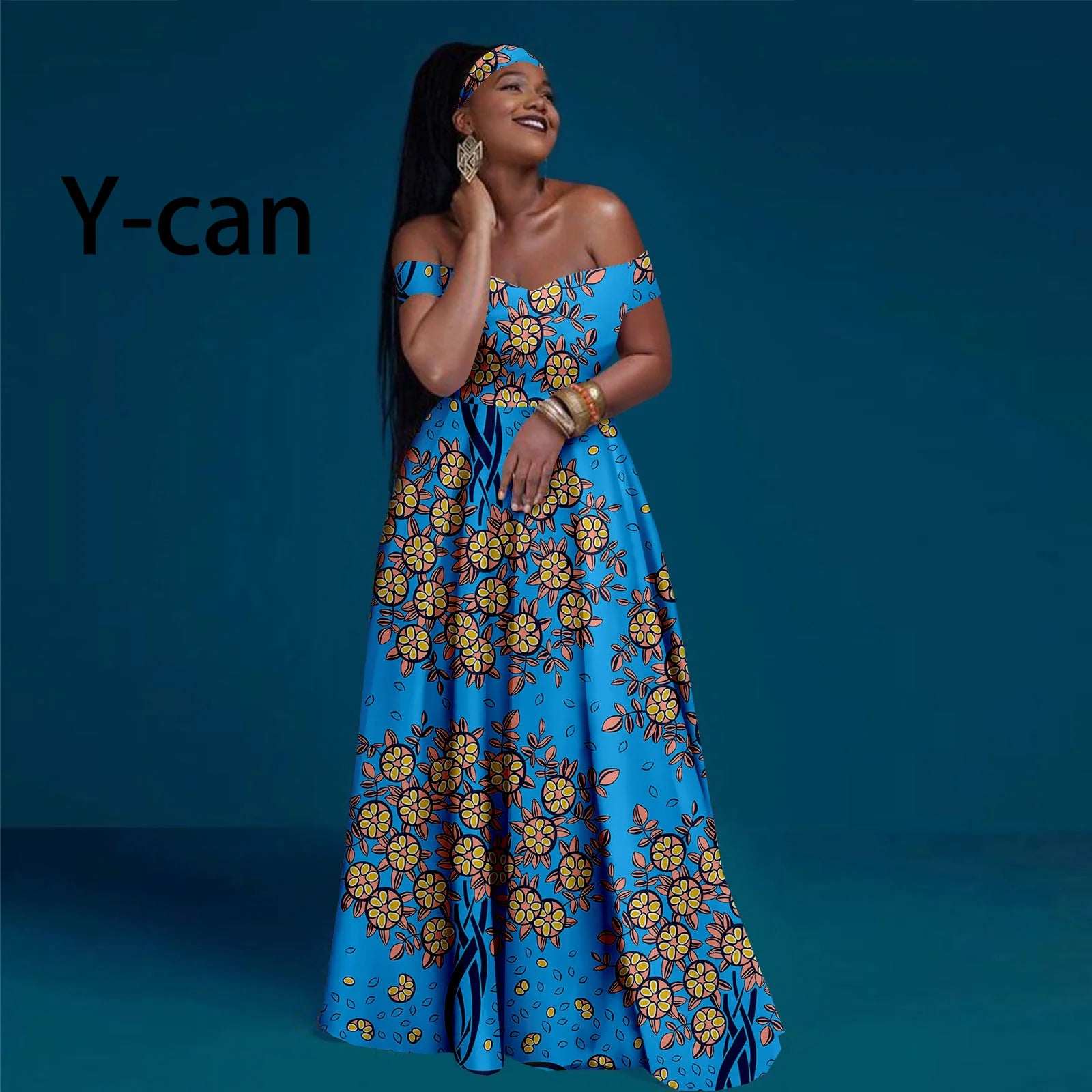 A-line African Dress Off Shoulder Sleeveless Gown with Headwrap