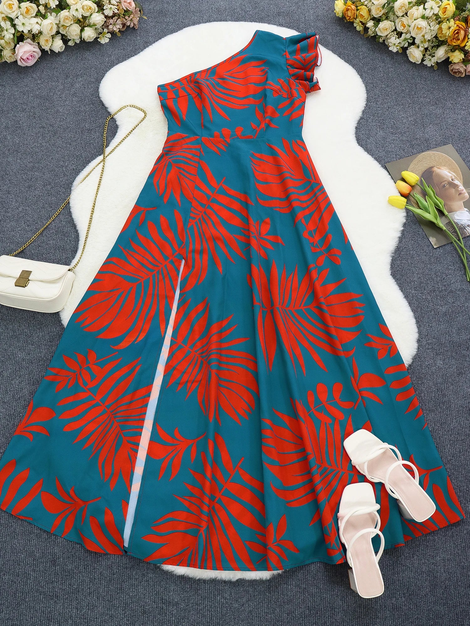 One Shoulder Maxi Dress with High Split Hem